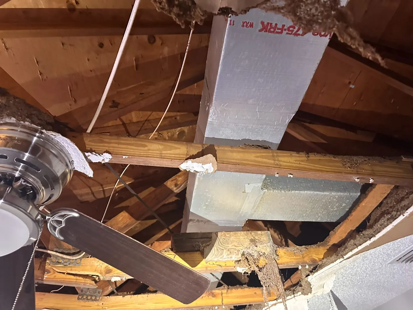 Collapsed ceiling and wet insulation after roof water intrusion